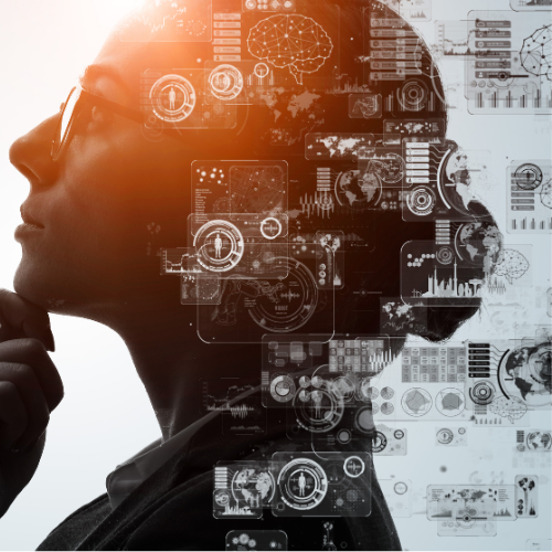 Photo du visage d'une femme de profil, avec des schémas de données en fond